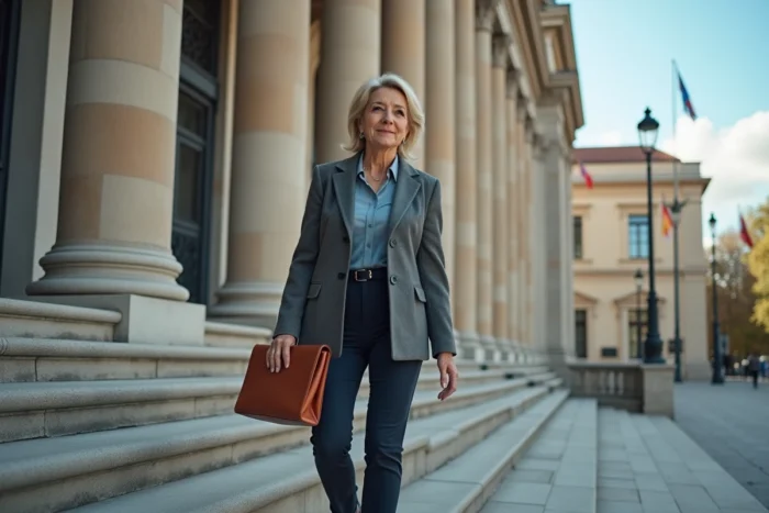 Femme professionnelle montant les marches d'un parlement européen laïque avec drapeaux de nations sans symboles religieux