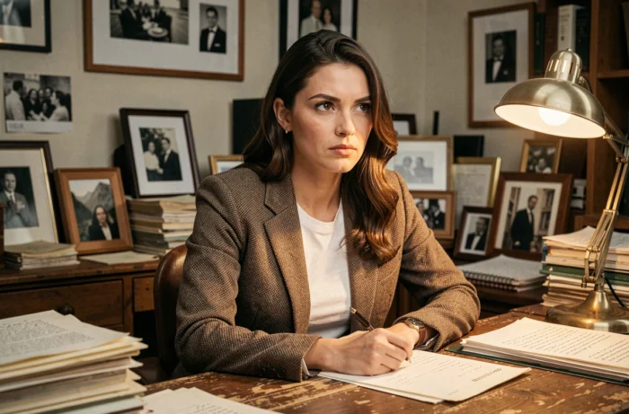Femme représentant un personnage de série dramatique assise à un bureau encombré de scripts, regard pensif dans une ambiance éditoriale chaleureuse