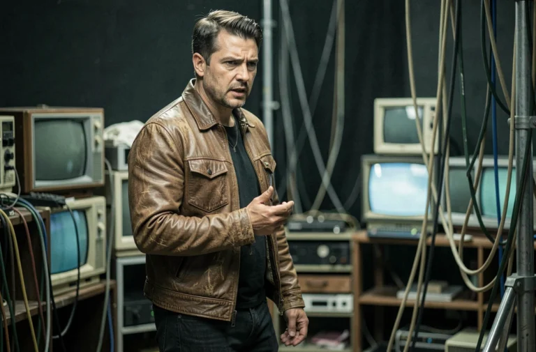 Homme incarnant un personnage de série télévisée avec une veste en cuir usée, debout dans un studio de tournage vintage aux tons désaturés