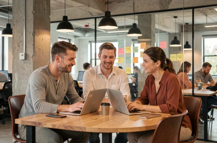 Petite équipe de freelances collaborant dans un espace de coworking autour d'outils de gestion