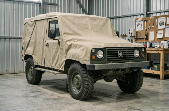 Peugeot P4 réformée entreposée sous une housse de protection dans un hangar privé
