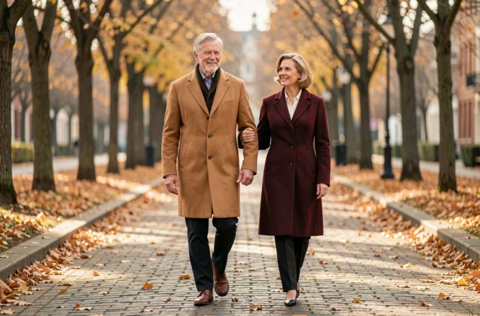 Couple élégant se promenant bras dessus bras dessous sur une avenue parisienne en automne