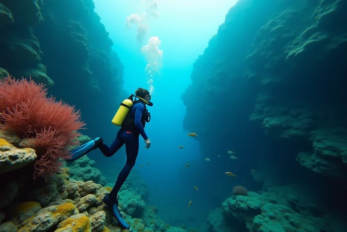Plongeuse explorant des gorgones rouges et des éponges sur un tombant sous-marin au cap Corse