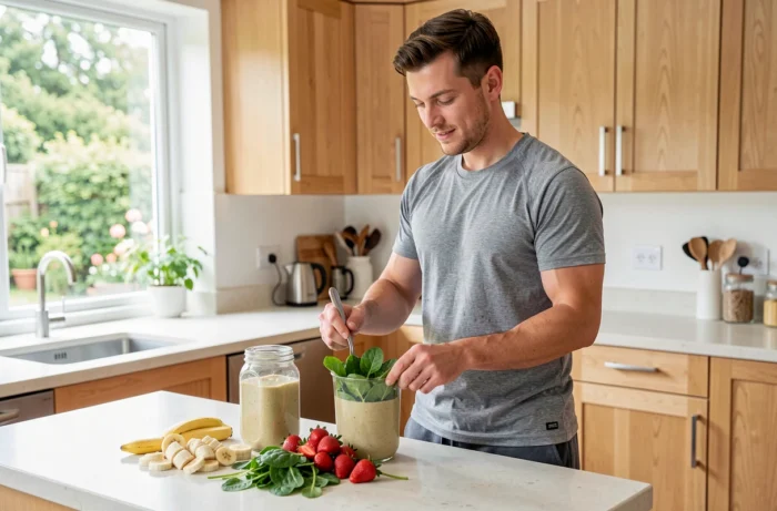 Homme préparant un smoothie healthy dans une cuisine moderne dans le cadre d'un mode de vie sain et équilibré
