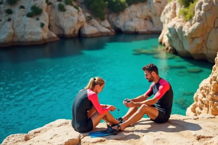 Deux adultes préparant leur équipement de snorkeling sur des rochers de granit dans une crique isolée près de Saint-Florent en Corse