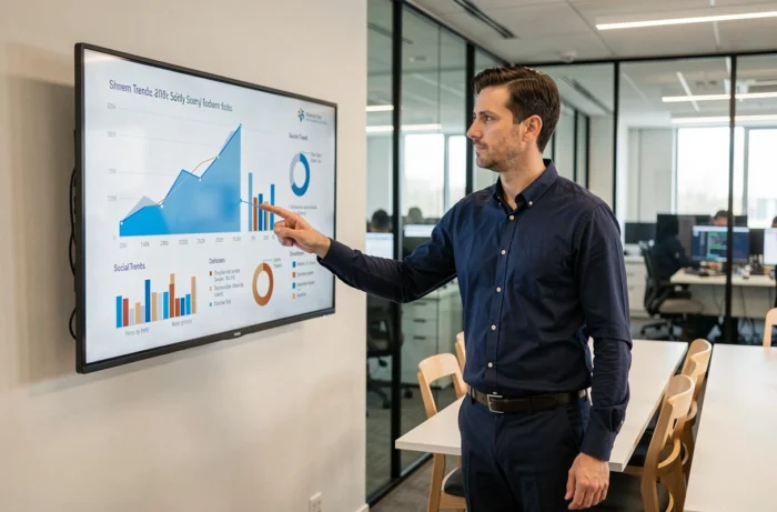 Homme présentant des visualisations de données sur les tendances sociétales devant un écran interactif dans une salle de conférence moderne
