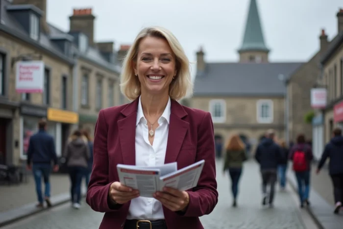 Conseillère en prévention des addictions distribuant des brochures dans une ville côtière bretonne
