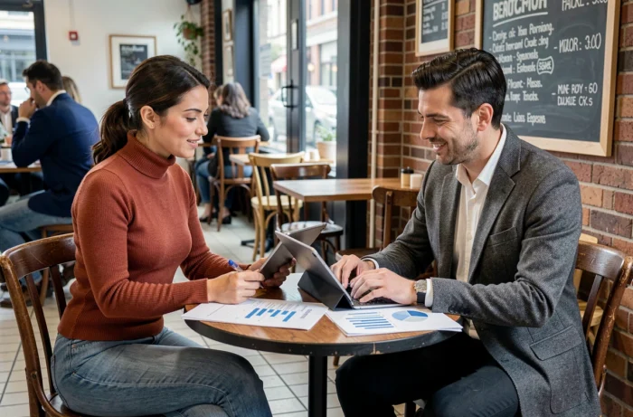 Deux professionnels indépendants échangeant sur les services Business Solo pour développer leur activité en solo