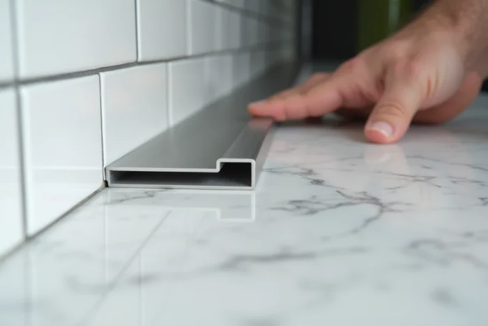 Pose d'un profilé d'étanchéité en aluminium brossé à la jonction entre un plan de travail en marbre et un mur carrelé blanc dans une cuisine