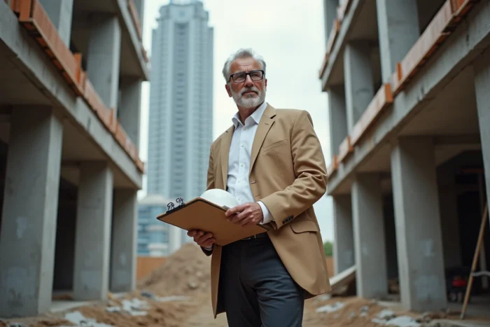 Promoteur immobilier sur chantier de construction urbaine consultant des documents financiers avec bâtiment en arrière-plan