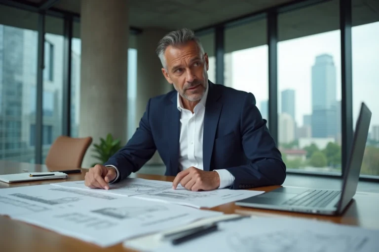 Promoteur immobilier masculin en costume marine étudiant des plans architecturaux dans un bureau moderne avec vue urbaine