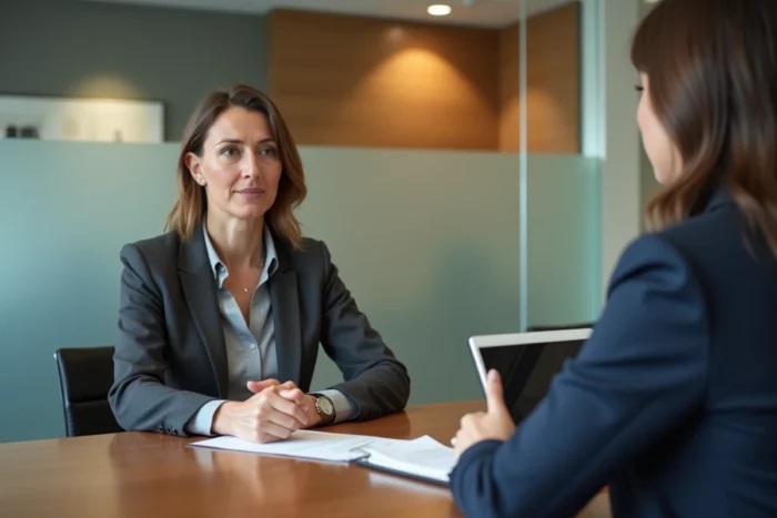 Promotrice immobilière en réunion avec un conseiller bancaire pour obtenir un financement immobilier professionnel