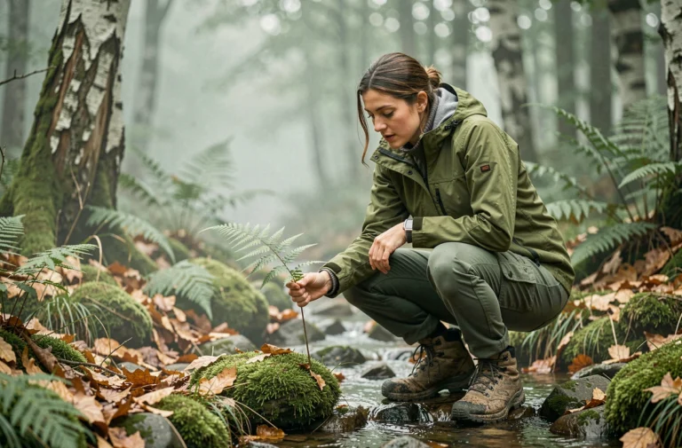 Randonneuse explorant un ruisseau en forêt ardennaise en Belgique, entourée de fougères et de mousses