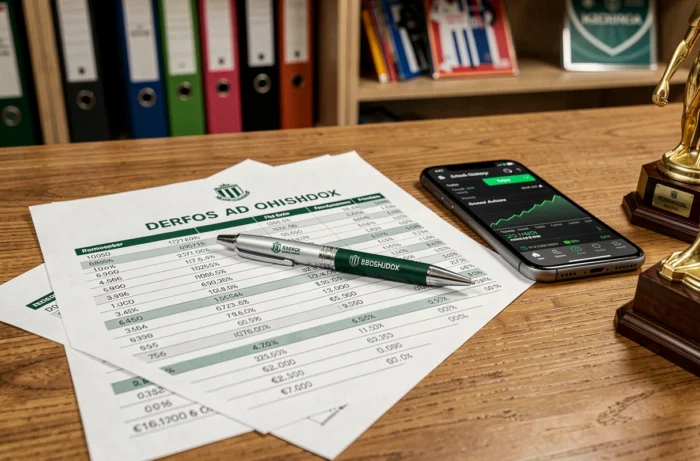 Gros plan sur un rapport financier d'un club de Ligue 1 avec stylo et smartphone sur un bureau en bois