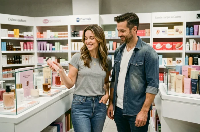 Couple découvrant le rayon beauté et cosmétiques du nouveau magasin Dancharia