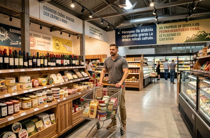 Homme faisant ses courses dans le rayon épicerie fine et vins du magasin Dancharia
