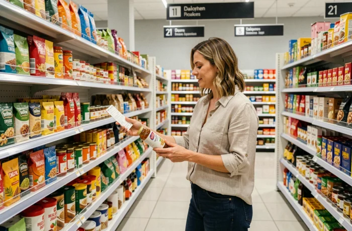 Femme explorant les rayons de produits locaux et spécialités du magasin Dancharia