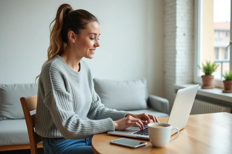 Jeune femme recherchant une location idéale sur LocService depuis son appartement moderne
