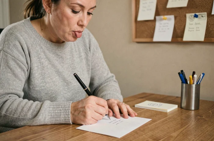 Femme rédigeant soigneusement le libellé d'une adresse postale sur une enveloppe blanche à son bureau