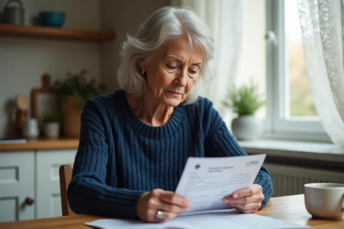 Femme lisant un courrier de remboursement de prothèse capillaire par sa mutuelle MGEN à domicile
