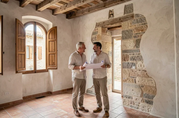 Couple visitant un appartement en rénovation dans un immeuble historique de Pézenas