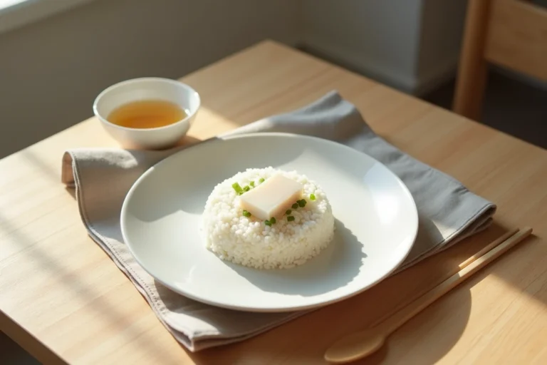 Assiette de repas pauvre en résidus avec riz blanc, poisson vapeur et bouillon clair, idéal avant une coloscopie