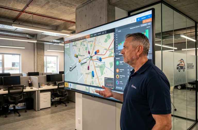 Responsable logistique consultant un tableau de bord numérique de suivi de flotte dans un centre de dispatch moderne — innovation transport 2024