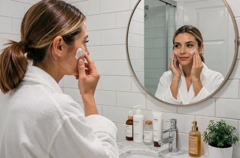 Femme appliquant une crème hydratante devant un miroir de salle de bain dans le cadre d'une routine beauté quotidienne