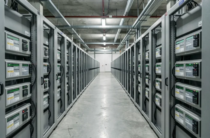 Rangées d'automates programmables et modules IoT industriels dans une salle d'automatisation moderne