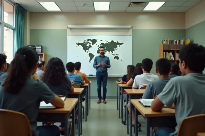Enseignant devant des élèves dans une salle de classe laïque publique sans symboles religieux illustrant l'éducation laïcisée