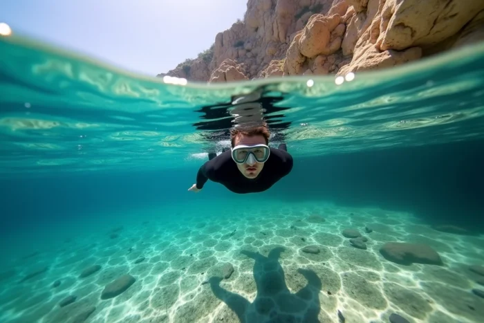 Plongeur en train de faire du snorkeling au-dessus de fonds rocheux en Corse du Nord avec vue sur les falaises