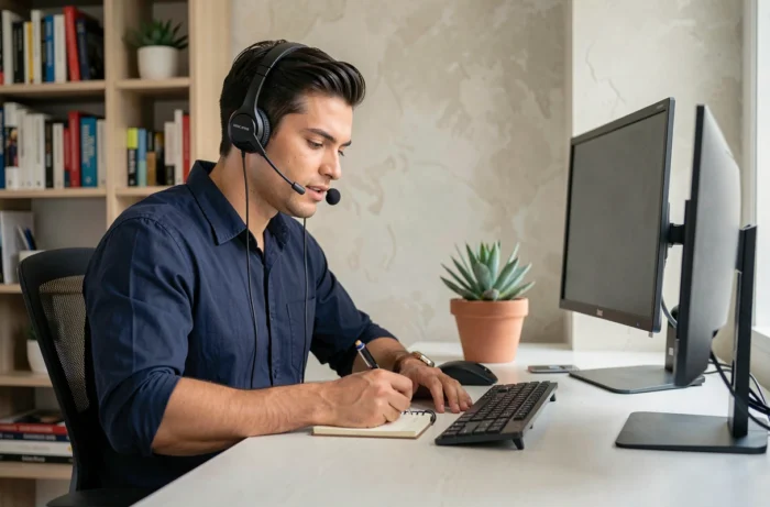 Homme au casque téléphonique travaillant dans un bureau à domicile pour le support client en ligne