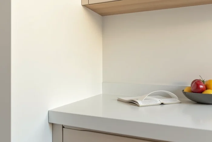 Vue d'ensemble d'une cuisine avec un tasseau peint en blanc et une crédence rapportée en PVC recouvrant un grand écart entre le plan de travail et le mur