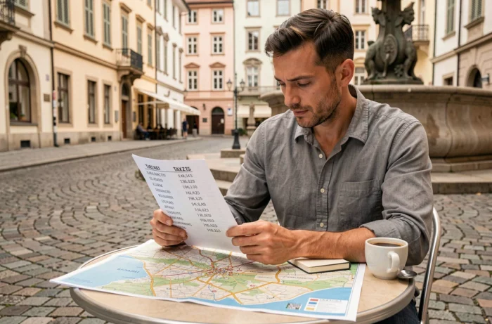 Homme comparant les taxes de séjour de différentes destinations européennes à une table de café