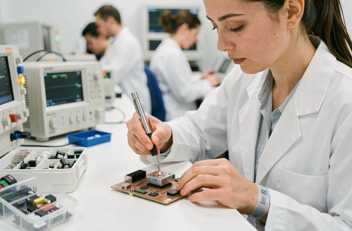 Technicienne assemblant un capteur industriel miniaturisé dans un laboratoire électronique haute technologie