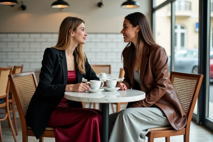 Deux femmes élégamment habillées selon les tendances mode automne-hiver attablées dans une brasserie parisienne contemporaine