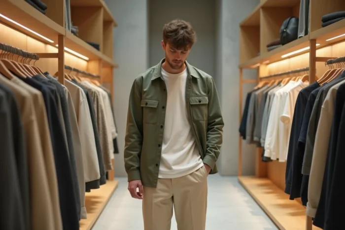 Homme en overshirt vert sauge et chino large dans un concept store moderne, tendances mode masculine chic et minimaliste