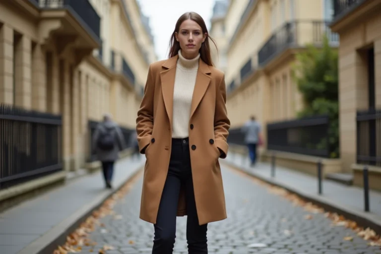Femme élégante en manteau camel et col roulé ivoire dans une rue pavée parisienne en automne, look chic et moderne