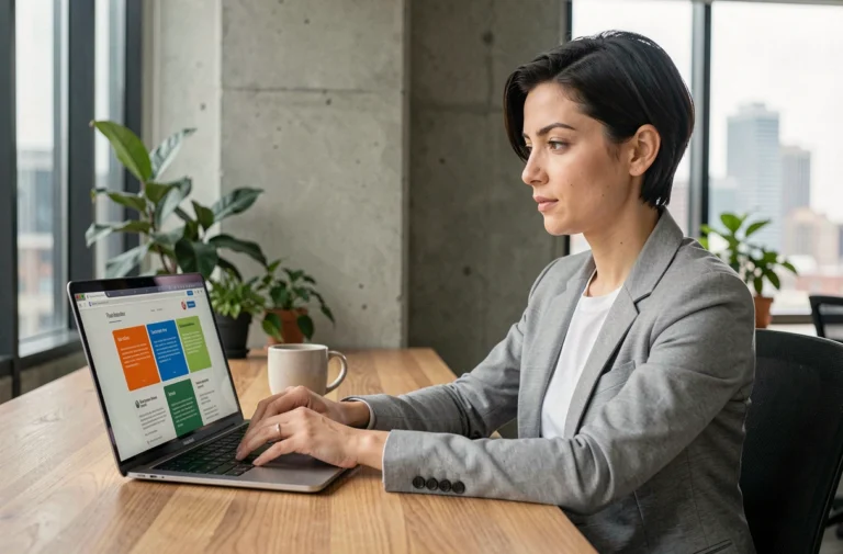 Femme professionnelle consultant les dernières tendances web sur un ordinateur portable dans un bureau moderne