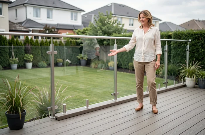 Femme sur une terrasse en composite avec balustrade en verre sécurisée, surplombant un jardin résidentiel aménagé avec soin