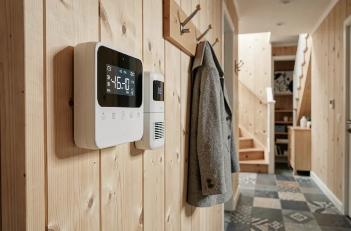 Thermostat intelligent et capteur de mouvement intégrés dans un couloir d'entrée de maison connectée