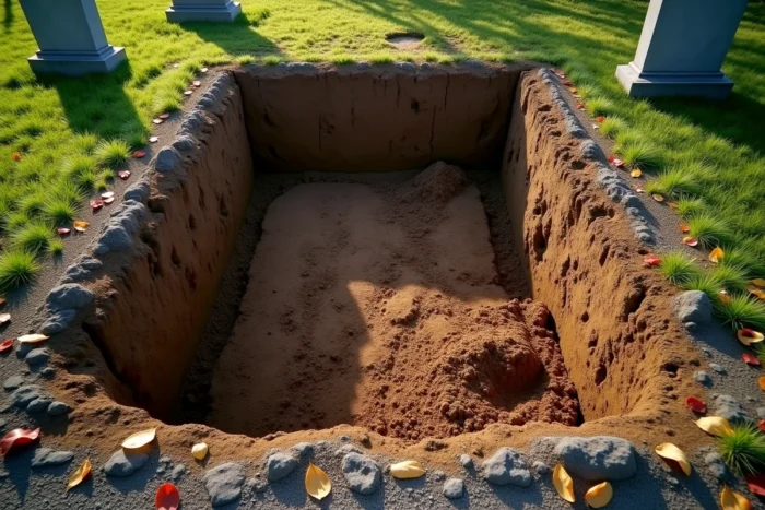 Vue aérienne d'une tombe ouverte fraîchement creusée dans un cimetière municipal montrant la profondeur et la précision de l'excavation