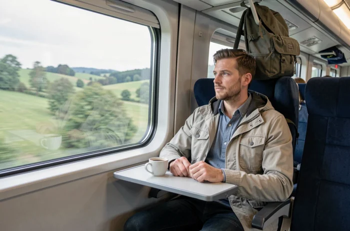 Homme voyageant en train intercités en Europe, regardant le paysage par la fenêtre