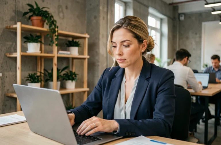 Travailleuse indépendante consultant ses services Business Solo sur un ordinateur portable dans un espace de coworking moderne