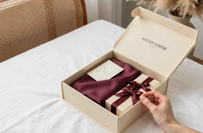 Unboxing d'un foulard en soie de luxe dans un emballage élégant, livraison d'achat en ligne haut de gamme