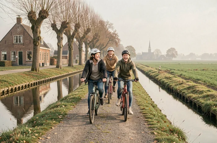 Famille à vélo sur un chemin de halage le long d'un canal en Flandre belge en automne