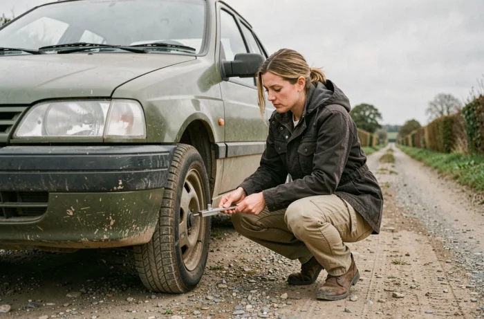 Femme vérifiant les pneus d'une Peugeot P4 militaire réformée sur une route de campagne