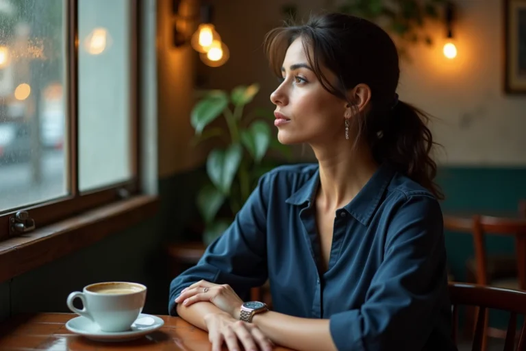 Femme d'origine latino-américaine regardant pensivement par une fenêtre de café, évoquant l'isolement et une vie discrète loin des projecteurs