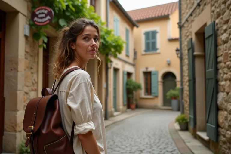 Femme voyageuse explorant un village médiéval français aux ruelles pavées et façades colorées