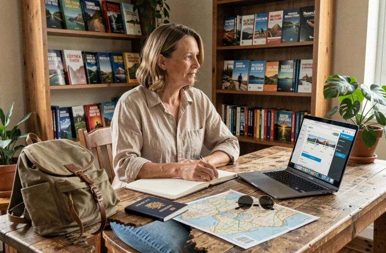 Femme planifiant un voyage économique avec passeport, carnet et ordinateur portable sur une table en bois